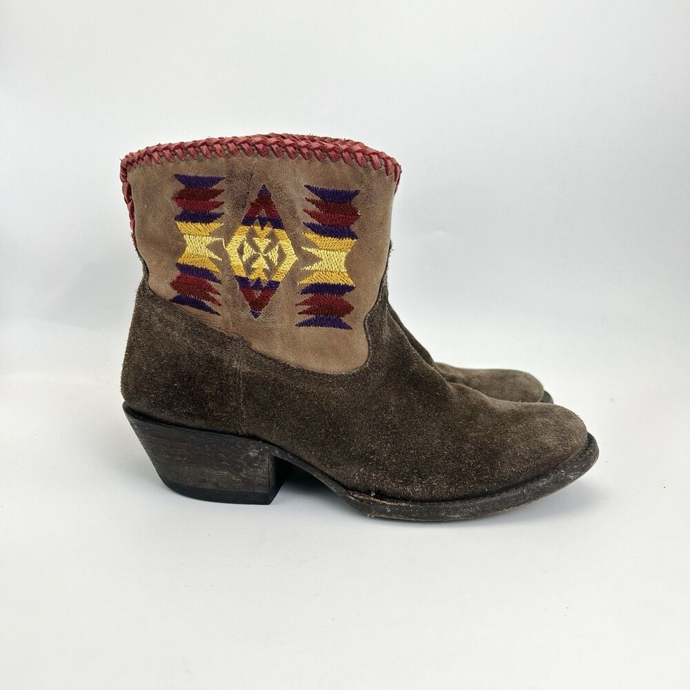 Vintage Caborca Western Ankle Boots Womens Sz 6.5 Brown Suede Leather Aztec